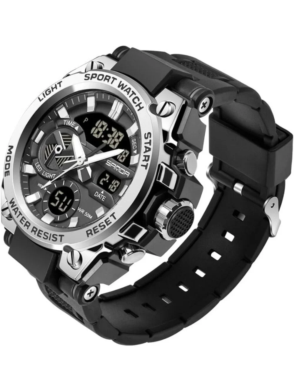 Men's Black And White Analog Quartz Sports Waterproof Military LED Digital Watch
